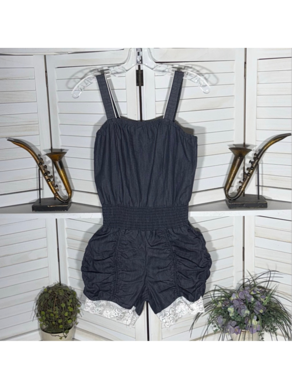 Vintage 90s chambray romper shorts white lace hem appliqué coquette fairy sz S